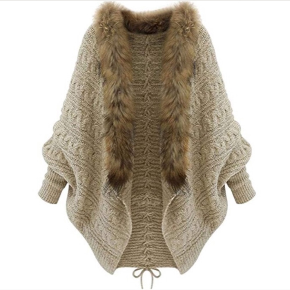 Batwing Cardigan Sweater with Faux Fur Collar